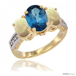 10K Yellow Gold Ladies 3-Stone Oval Natural London Blue Topaz Ring with Opal Sides Diamond Accent