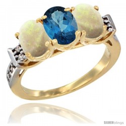 10K Yellow Gold Natural London Blue Topaz & Opal Sides Ring 3-Stone Oval 7x5 mm Diamond Accent