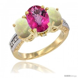 10K Yellow Gold Ladies 3-Stone Oval Natural Pink Topaz Ring with Opal Sides Diamond Accent