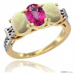 10K Yellow Gold Natural Pink Topaz & Opal Sides Ring 3-Stone Oval 7x5 mm Diamond Accent