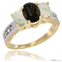 10K Yellow Gold Ladies Oval Natural Smoky Topaz 3-Stone Ring with Opal Sides Diamond Accent