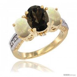 10K Yellow Gold Ladies 3-Stone Oval Natural Smoky Topaz Ring with Opal Sides Diamond Accent