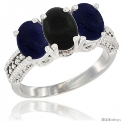 10K White Gold Natural Black Onyx & Lapis Sides Ring 3-Stone Oval 7x5 mm Diamond Accent