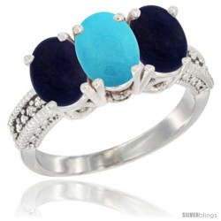 10K White Gold Natural Turquoise & Lapis Sides Ring 3-Stone Oval 7x5 mm Diamond Accent