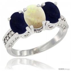 10K White Gold Natural Opal & Lapis Sides Ring 3-Stone Oval 7x5 mm Diamond Accent