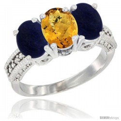 10K White Gold Natural Whisky Quartz & Lapis Sides Ring 3-Stone Oval 7x5 mm Diamond Accent