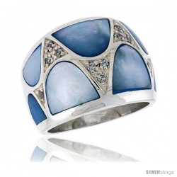 Highest Quality Sterling Silver 5/8 in (16 mm) wide Ladies' Dome Band, Blue Mother of Pearl & Brilliant Cut CZ Stones