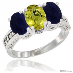 10K White Gold Natural Lemon Quartz & Lapis Sides Ring 3-Stone Oval 7x5 mm Diamond Accent