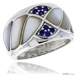 Highest Quality Sterling Silver 1/2 in (15 mm) wide Ladies' Dome Band, Mother of Pearl & Brilliant Cut Amethyst-colored CZ