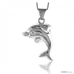 Sterling Silver Large Dolphin Pendant, Made in Italy. 1 5/6 in. (33 mm) Tall