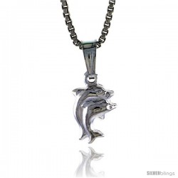 Sterling Silver Teeny Double Dolphin Pendant, Made in Italy. 5/16 in. (8 mm) Tall