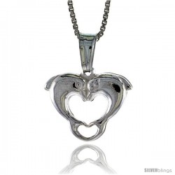 Sterling Silver Kissing Dolphin Heart Pendant, Made in Italy. 9/16 in. (14 mm) Tall