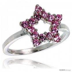 Highest Quality Sterling Silver 1/2 in (13 mm) wide Ladies' Star Cut-out Ring, Brilliant Cut Pink Tourmaline-colored CZ Stones