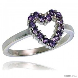 Highest Quality Sterling Silver 1/2 in (11 mm) wide Ladies' Heart Cut-out Ring, Brilliant Cut Amethyst-colored CZ Stones