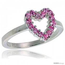 Highest Quality Sterling Silver 1/2 in (11 mm) wide Ladies' Heart Cut-out Ring, Brilliant Cut Pink Tourmaline-colored CZ Stones