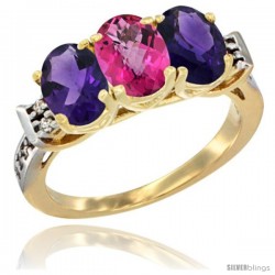 10K Yellow Gold Natural Pink Topaz & Amethyst Sides Ring 3-Stone Oval 7x5 mm Diamond Accent