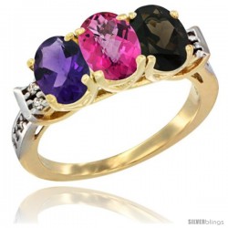 10K Yellow Gold Natural Amethyst, Pink Topaz & Smoky Topaz Ring 3-Stone Oval 7x5 mm Diamond Accent