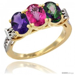 10K Yellow Gold Natural Amethyst, Pink Topaz & Mystic Topaz Ring 3-Stone Oval 7x5 mm Diamond Accent