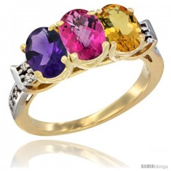 10K Yellow Gold Natural Amethyst, Pink Topaz & Citrine Ring 3-Stone Oval 7x5 mm Diamond Accent