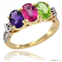 10K Yellow Gold Natural Amethyst, Pink Topaz & Peridot Ring 3-Stone Oval 7x5 mm Diamond Accent