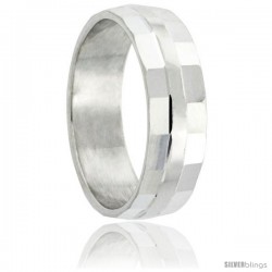 Sterling Silver 6mm Wedding Band Plain Center Stripe Edge-Faceted