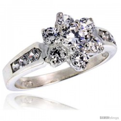 Highest Quality Sterling Silver 1/2 in (11 mm) wide Ladies' Flower Stone Ring, Brilliant Cut CZ Stones