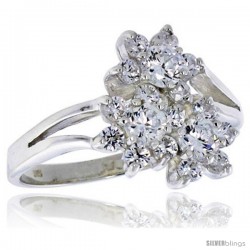 Highest Quality Sterling Silver 1/2 in (12 mm) wide Three Flower Stone Ring, Brilliant Cut CZ Stones