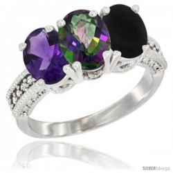 10K White Gold Natural Amethyst, Mystic Topaz & Black Onyx Ring 3-Stone Oval 7x5 mm Diamond Accent