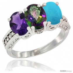 10K White Gold Natural Amethyst, Mystic Topaz & Turquoise Ring 3-Stone Oval 7x5 mm Diamond Accent