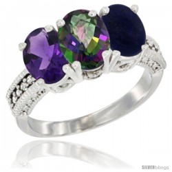 10K White Gold Natural Amethyst, Mystic Topaz & Lapis Ring 3-Stone Oval 7x5 mm Diamond Accent