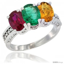 14K White Gold Natural Ruby, Emerald & Whisky Quartz Ring 3-Stone Oval 7x5 mm Diamond Accent