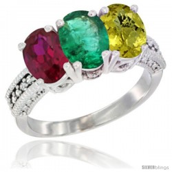 14K White Gold Natural Ruby, Emerald & Lemon Quartz Ring 3-Stone Oval 7x5 mm Diamond Accent