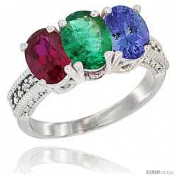 14K White Gold Natural Ruby, Emerald & Tanzanite Ring 3-Stone Oval 7x5 mm Diamond Accent