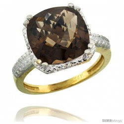 14k Yellow Gold Diamond Smoky Topaz Ring 5.94 ct Checkerboard Cushion 11 mm Stone 1/2 in wide