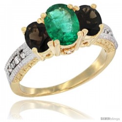 14k Yellow Gold Ladies Oval Natural Emerald 3-Stone Ring with Smoky Topaz Sides Diamond Accent