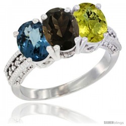 14K White Gold Natural London Blue Topaz, Smoky Topaz & Lemon Quartz Ring 3-Stone 7x5 mm Oval Diamond Accent