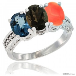 14K White Gold Natural London Blue Topaz, Smoky Topaz & Coral Ring 3-Stone 7x5 mm Oval Diamond Accent