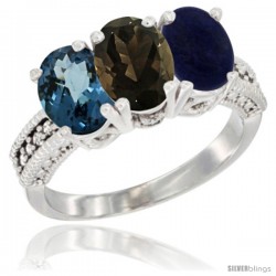 14K White Gold Natural London Blue Topaz, Smoky Topaz & Lapis Ring 3-Stone 7x5 mm Oval Diamond Accent