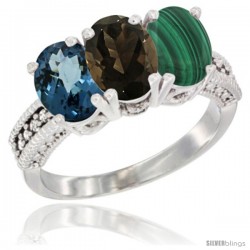 14K White Gold Natural London Blue Topaz, Smoky Topaz & Malachite Ring 3-Stone 7x5 mm Oval Diamond Accent