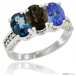 14K White Gold Natural London Blue Topaz, Smoky Topaz & Tanzanite Ring 3-Stone 7x5 mm Oval Diamond Accent