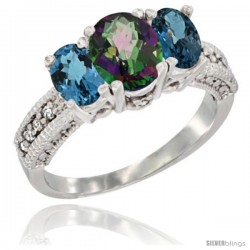 14k White Gold Ladies Oval Natural Mystic Topaz 3-Stone Ring with London Blue Topaz Sides Diamond Accent