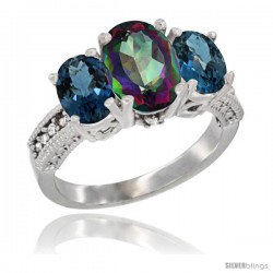 14K White Gold Ladies 3-Stone Oval Natural Mystic Topaz Ring with London Blue Topaz Sides Diamond Accent