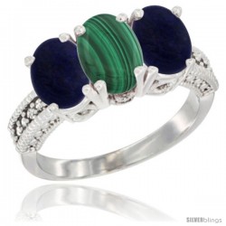 10K White Gold Natural Malachite & Lapis Sides Ring 3-Stone Oval 7x5 mm Diamond Accent