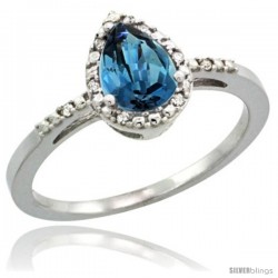 Sterling Silver Diamond Natural London Blue Topaz Ring 0.59 ct Tear Drop 7x5 Stone 3/8 in wide