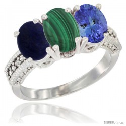 10K White Gold Natural Lapis, Malachite & Tanzanite Ring 3-Stone Oval 7x5 mm Diamond Accent