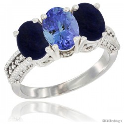 10K White Gold Natural Tanzanite & Lapis Sides Ring 3-Stone Oval 7x5 mm Diamond Accent