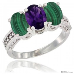 10K White Gold Natural Amethyst & Malachite Sides Ring 3-Stone Oval 7x5 mm Diamond Accent