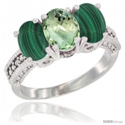 10K White Gold Natural Green Amethyst & Malachite Sides Ring 3-Stone Oval 7x5 mm Diamond Accent