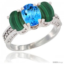 10K White Gold Natural Swiss Blue Topaz & Malachite Sides Ring 3-Stone Oval 7x5 mm Diamond Accent