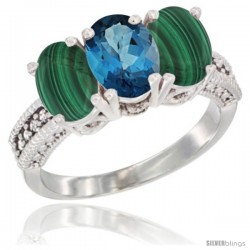 10K White Gold Natural London Blue Topaz & Malachite Sides Ring 3-Stone Oval 7x5 mm Diamond Accent